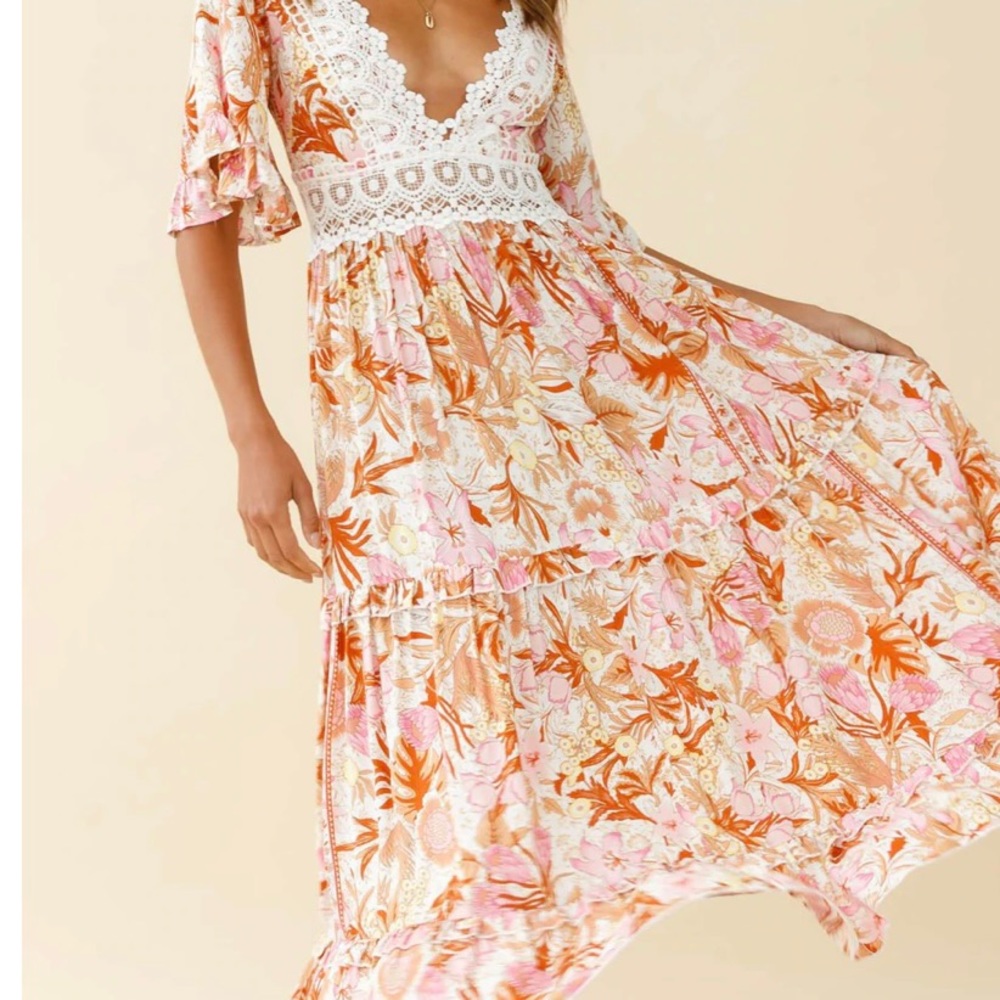 INDIO CROCHET INSERT DEEP V-NECKLINE ANGEL SLEEVE MAXI DRESS FLORAL PRINT PINK